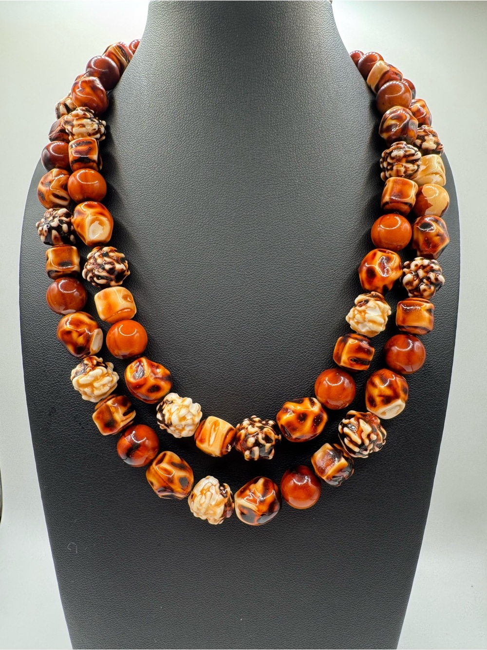 Gorgeous Vintage Double Strand Tortoise Shell Style Bead Necklace